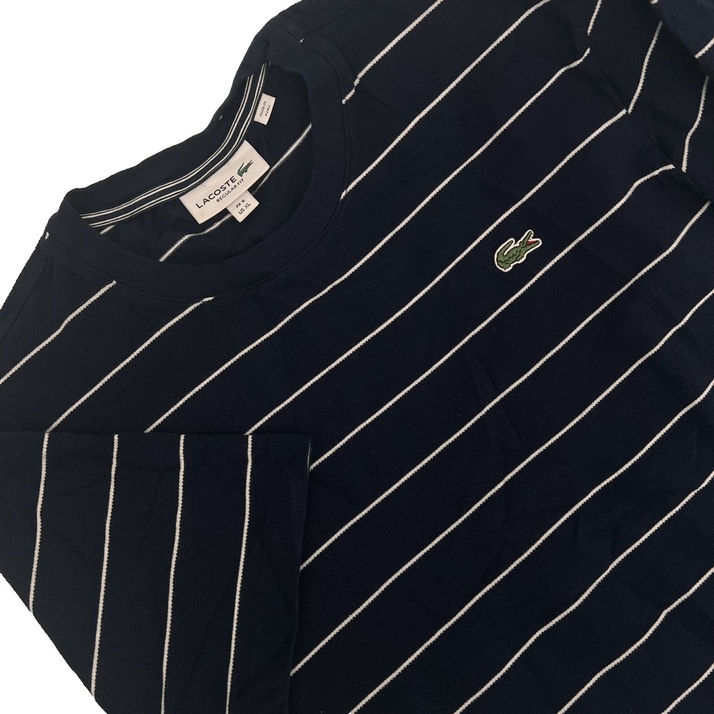 LACOSTE Men's Sz L Regular Fit Navy/White Striped Waffle-Knit Short-Sleeve Shirt